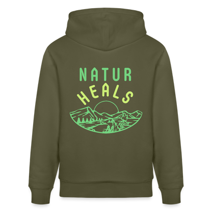 Unisex Herren Damen Bio-Hoodie - NATUR HEALS - Khaki Grün