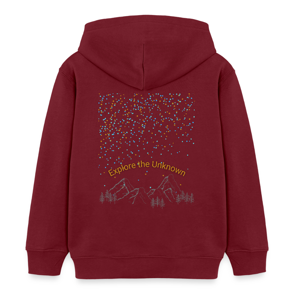 Kinder Bio-Hoodie - EXPLORE THE UNKNOWN - Burgunderrot