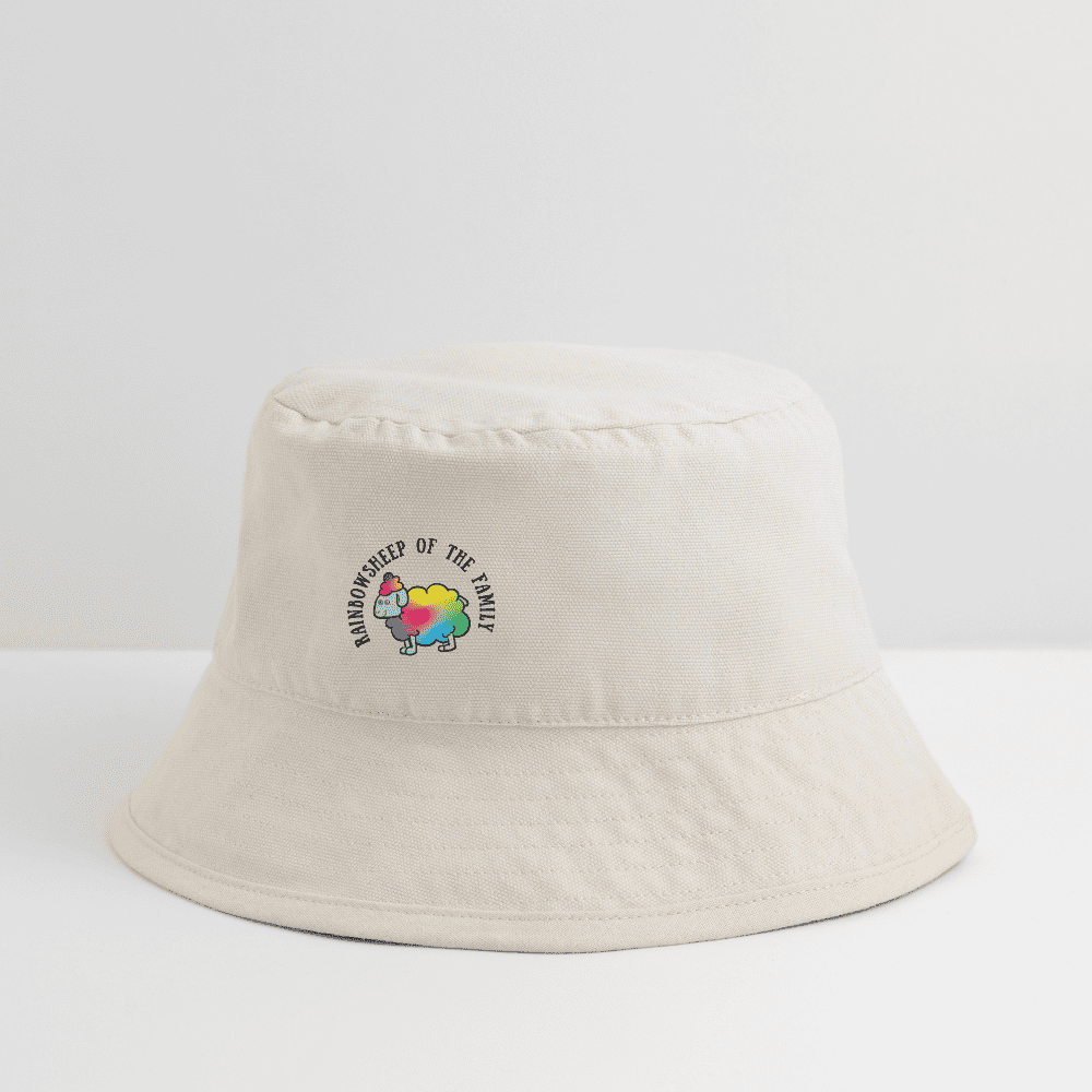 Nachhaltiger Bucket Hat aus recycelten Materialien mit einzigartigem Regenbogenschaf-Motiv