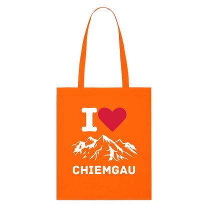 Trendiger Bio-Stoffbeutel I Love Chiemgau in Orange, ideal für umweltbewusste Käufer